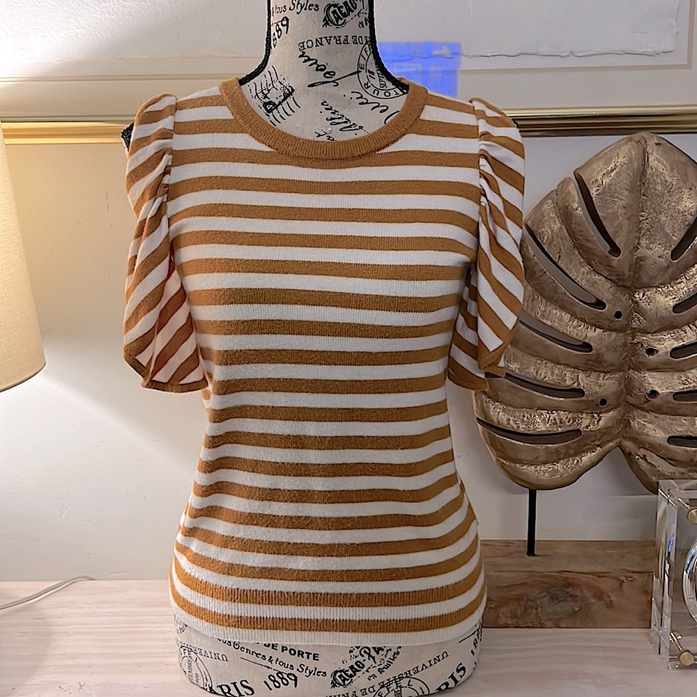 Jillian Orange Stripped Flutter Sleeves Top By Anthropologie